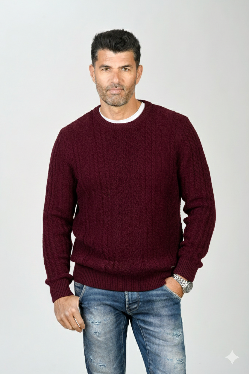 Jersey cuello caja trenzado burdeos