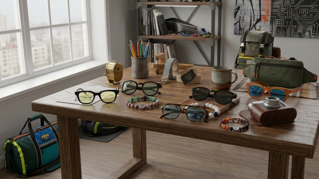 Mesa de madera con accesorios de verano para hombre como gafas, pulseras y mochilas