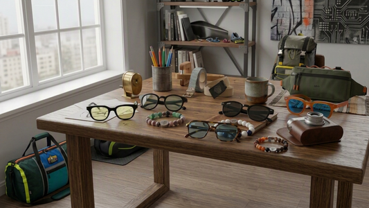 Mesa de madera con accesorios de verano para hombre como gafas, pulseras y mochilas