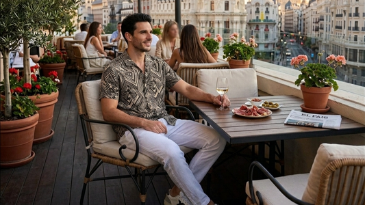 Hombre en una terraza con camisa estampada blanca y negra de viscosa y pantalones de lino blanco