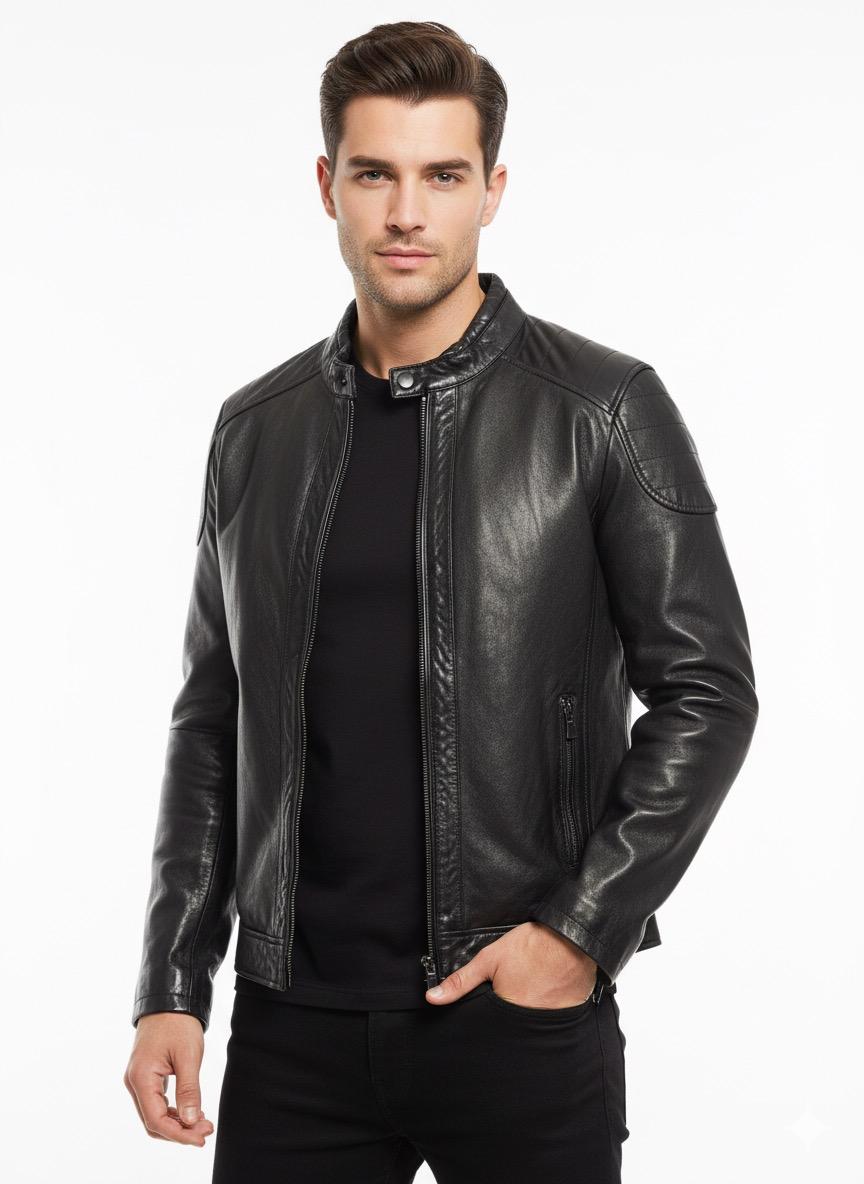 Chaqueta de piel ovina motera negra