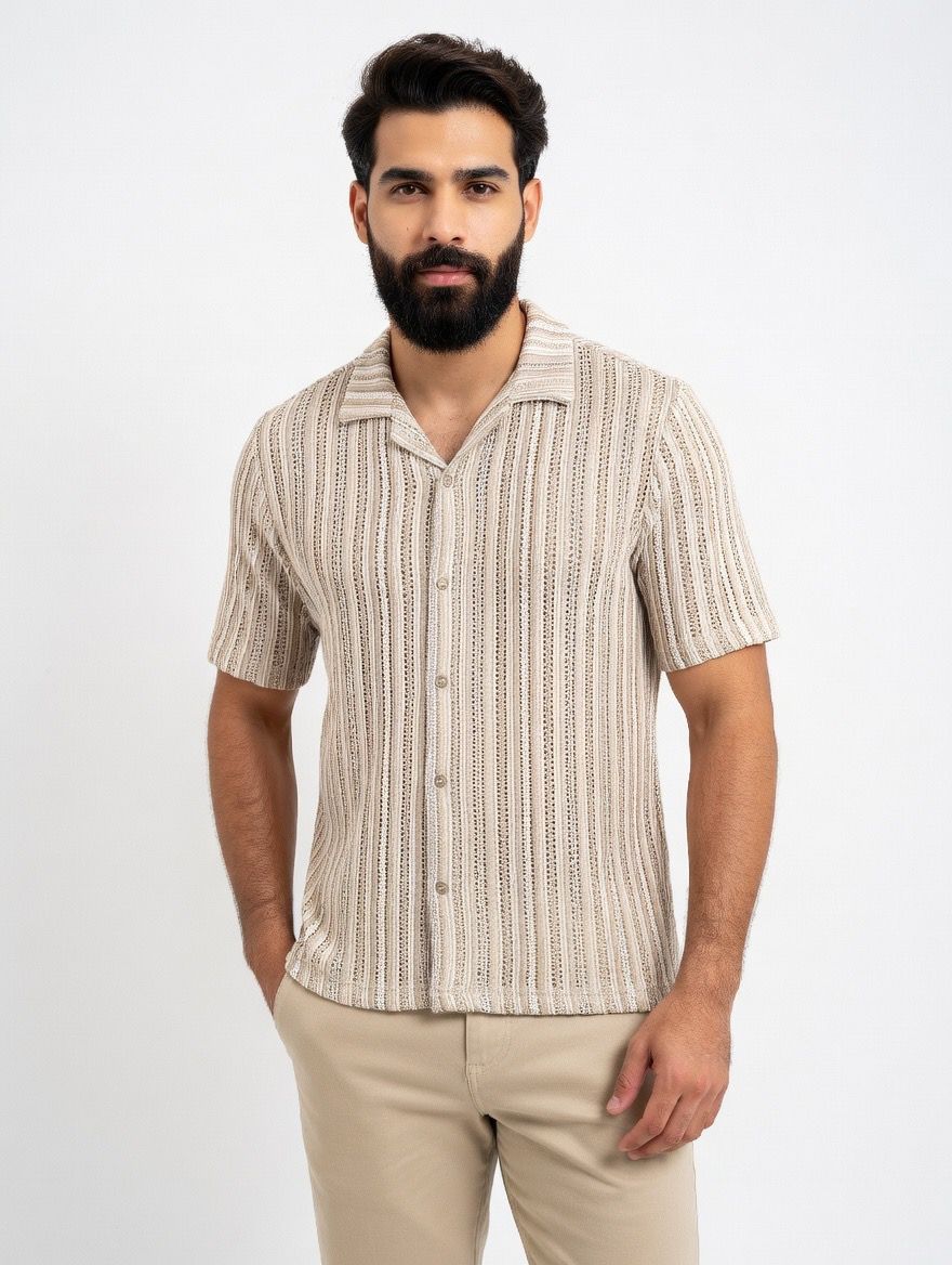 Camisa Hombre Manga Corta Texturizada Beige – Indicode Inphenyl