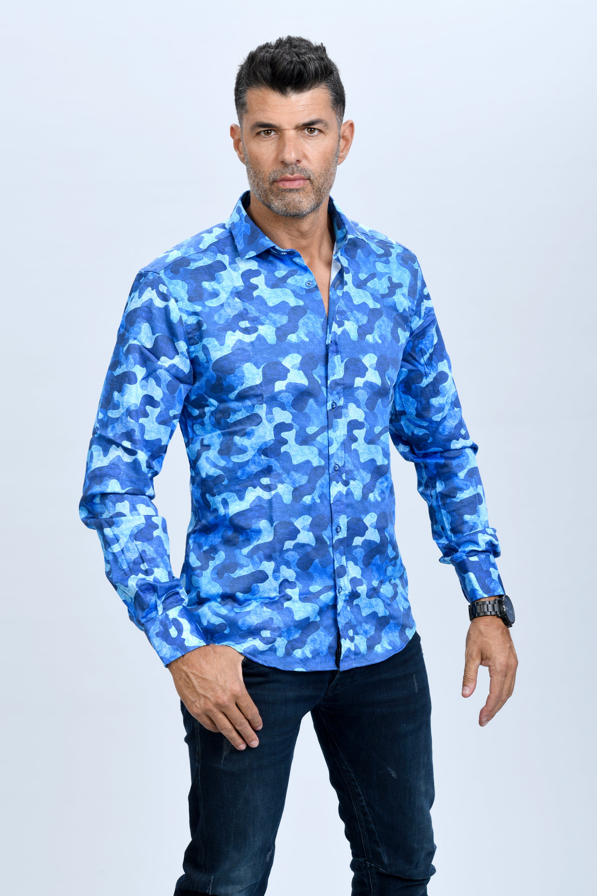 camisa camuflaje azul, camisa estampada, camisas originales, camisas españolas