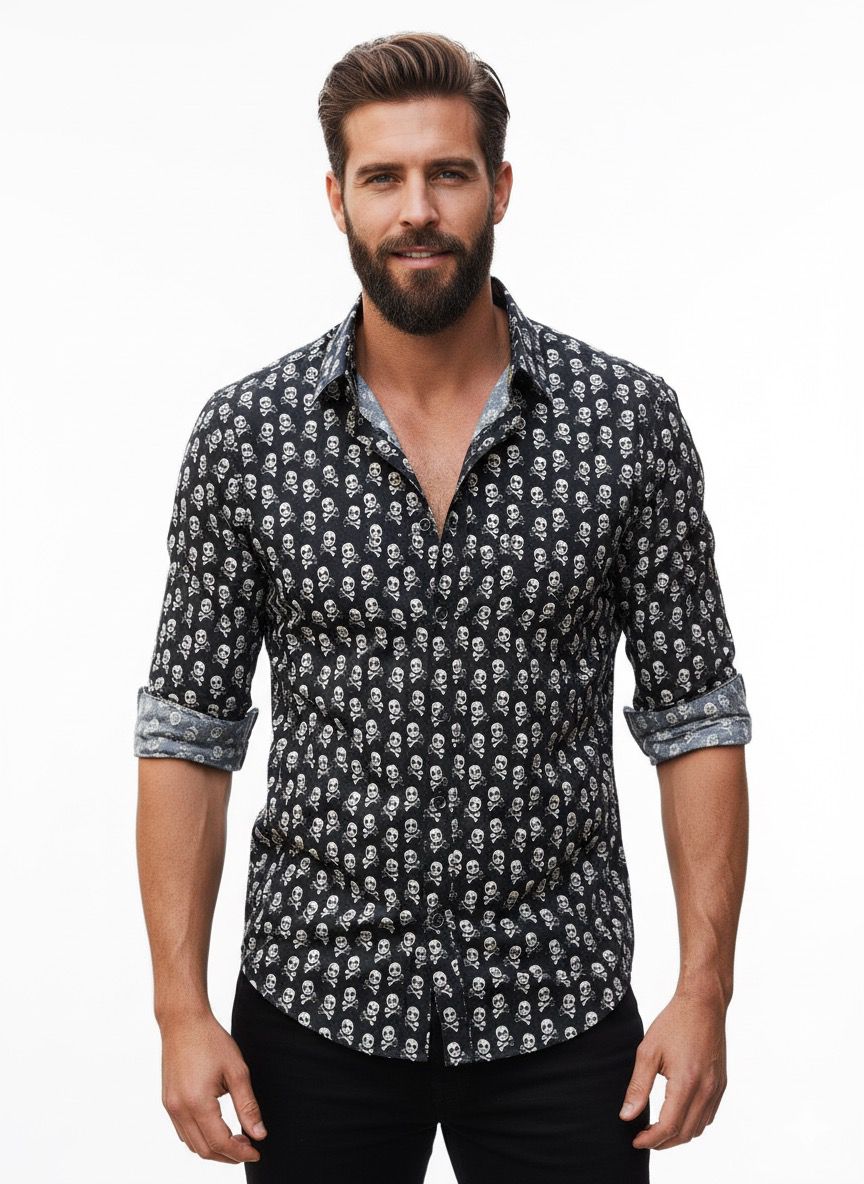 Camisa slim fit calaveras negra Virtual 2193