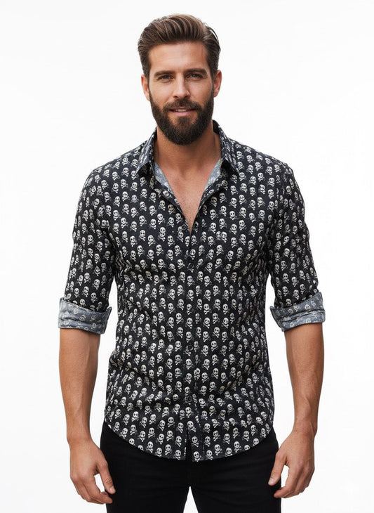 Camisa slim fit calaveras negra Virtual 2193